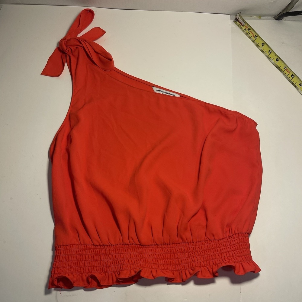 Amanda Uprichard Top M One Shoulder Tie Blouse Red Smoked Waist Preppy